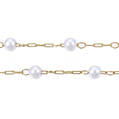 ABS Plastic Pearl Round Beaded Chains, with Golden 316 Stainless Steel Cable Chains, Soldered, with Spool