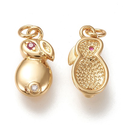Brass Micro Pave Cubic Zirconia Pendants, Long-lasting Plated, Rabbit, Hot Pink & Clear
