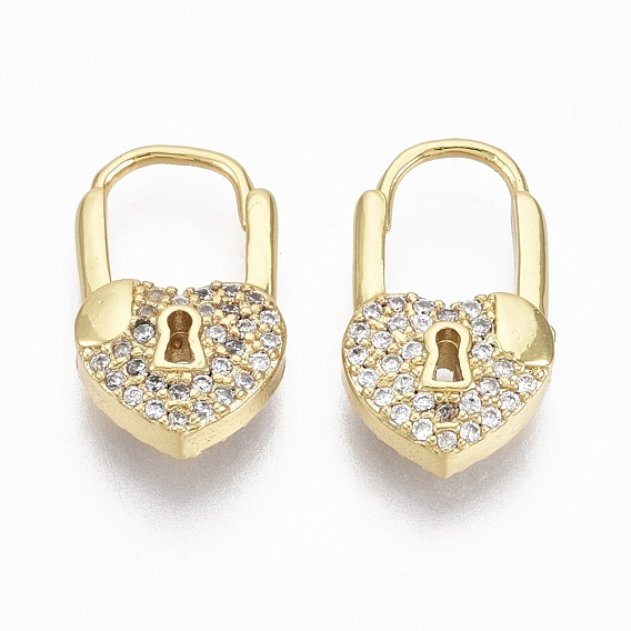 Brass Micro Pave Clear Cubic Zirconia Huggie Hoop Earrings, Nickel Free, Heart Lock