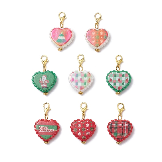 Подвесные украшения из непрозрачного акрила с рождественским принтом, с цинковым сплавом застежками омаров коготь, сердце