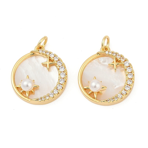 Латунные микро проложить кубического циркония подвески, плоский круглый со звездными подвесками, с ракушкой и жемчужиной из АБС-пластика, без кадмия и без свинца, прочное покрытие, стойки покрытие