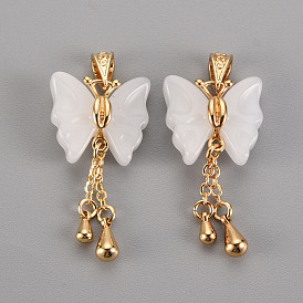 Imitation Jade Glass Pendants, with Brass Findings, Butterfly, Light Gold