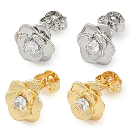 Rack Plating Flower Brass Pave Clear Cubic Zirconia Stud Earrings for Women, Long-Lasting Plated, Lead Free & Cadmium Free