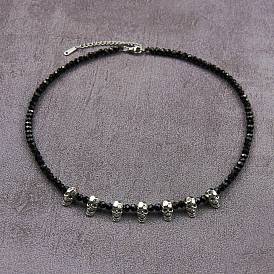 Glass Beaded Necklaces, Halloween Skull Alloy Bib Necklaces, Antique Silver & Platinum