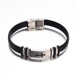 Jewelry Black Color PU Leather Cord Bracelets, with 304 Stainless Steel Findings and Watch Band Clasp, Cross, 235x10mm