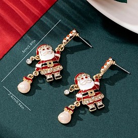 Серьги-гвоздики с подвесками в виде Санта-Клауса из эмалевого сплава, со стразами