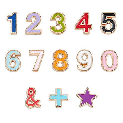 Alloy Enamel Beads, Number 0~9 and Star and Plus Sign and Ampersand &, Cadmium Free & Lead Free, Light Gold