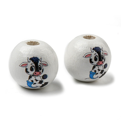 Spray Painted Natural Wood European Beads, Round with Cow Pattern