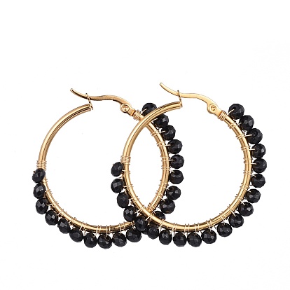 Aretes de aro con cuentas de jade natural teñido de Malasia, con 304 aros para pendientes de acero inoxidable