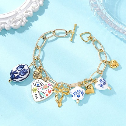 Браслеты ручной работы из фарфора и сплава с бусинами и подвесками, Браслеты из алюминиевых цепочек и скрепок для женщин, сердце и цветок и бантик