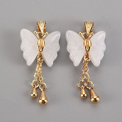Imitation Jade Glass Pendants, with Brass Findings, Butterfly, Light Gold