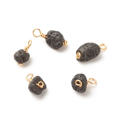 Luster Natural Lava Rock Charms, with Golden Tone Brass Wire Wrapped, Nuggets
