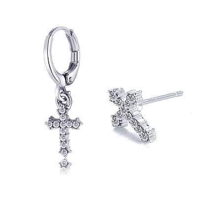 925 Silver Diamond Inlaid Asymmetric Cross Earrings - 2 Pieces Set