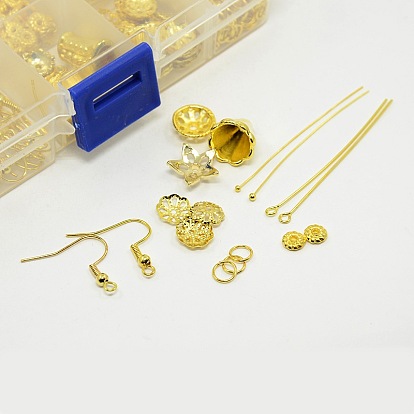 1 Box Golden Jewelry Findings, 10g Iron Earring Hooks, Brass Ball Head Pin, Iron Jump Rings, Brass Eye Pin, Alloy Spacer Beads and 15g Alloy Bead Caps