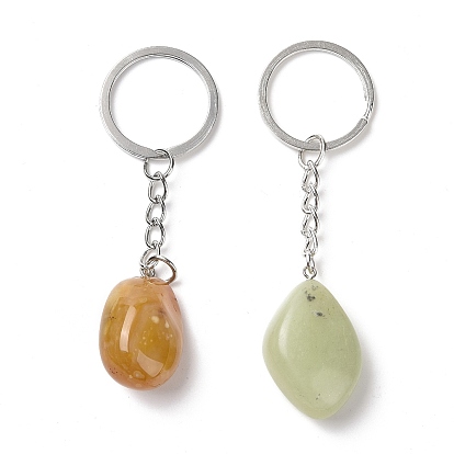 Nuggets Natural & Synthetic Gemstone Keychain, Stone Lucky Pendant Keychain, with Iron Findings