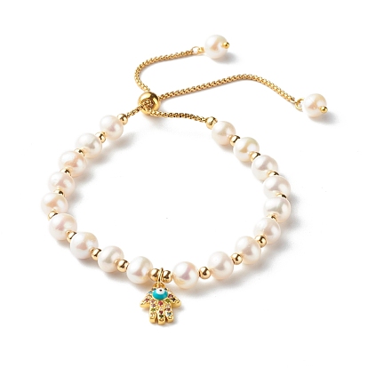 Adjustable Natural Pearl Beads Slider Bracelets, with 304 Stainless Steel Venetian Chains and Brass Hamsa Hand/Hand of Miriam with Evil Eye Charm