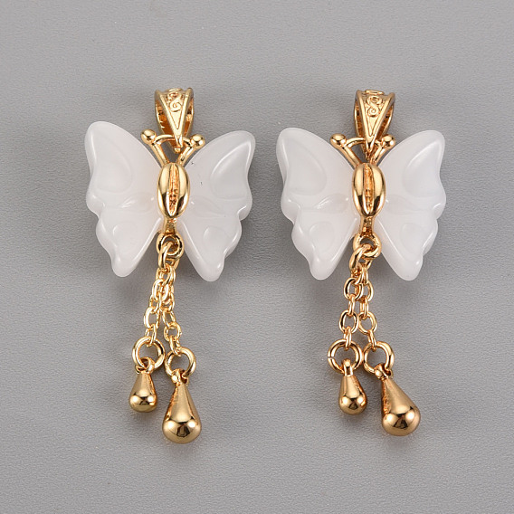 Imitation Jade Glass Pendants, with Brass Findings, Butterfly, Light Gold
