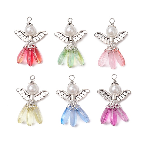 Градиентные цветные стеклянные подвески с краской для выпечки, ангел, с крылом из сплава и круглой бусиной из АБС-пластика с имитацией жемчуга