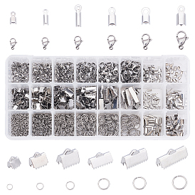 Unicraftale 1410Pcs Stainless Steel Findings Kits for DITY Jewelry Making, Including Lobster Claw Clasps & Jump Rings & Fold Over Crimp Cord Ends & Ribbon Crimp Ends