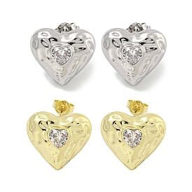 Heart Texture Brass Micro Pave Cubic Zirconia Stud Earrings for Women, Cadmium Free & Lead Free, Long-Lasting Plated