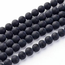 Frosted Natural Black Agate Bead Strands, Dyed, Grade A, Round