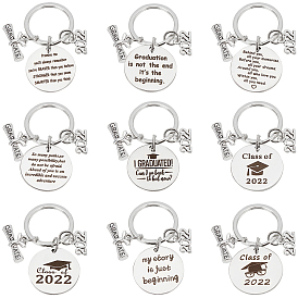9Pcs 9 Style Graduation Theme 201 Stainless Steel Keychain Clasps,  with Number 2022 Charm & Diploma Pendant, Flat Round