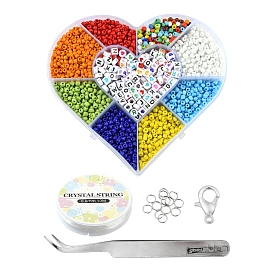 DIY Letter & Seed Beads Jewelry Set Making Kit, Including Mixed Color 4mm Glass Seed Beads, Flat Round & Cube Acrylic Beads, Alloy Clasps, Iron Jump Rings, Tweezers, Elastic Thread