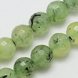 Perles naturelles préhnite brins, facette, ronde, vert pale, Trou: 1mm