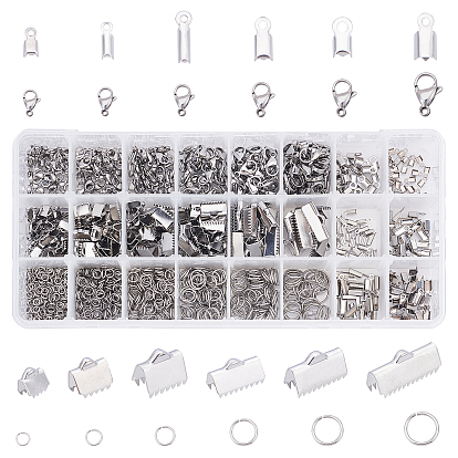 1410Pcs Stainless Steel Findings Kits for DITY Jewelry Making, Including Lobster Claw Clasps & Jump Rings & Fold Over Crimp Cord Ends & Ribbon Crimp Ends