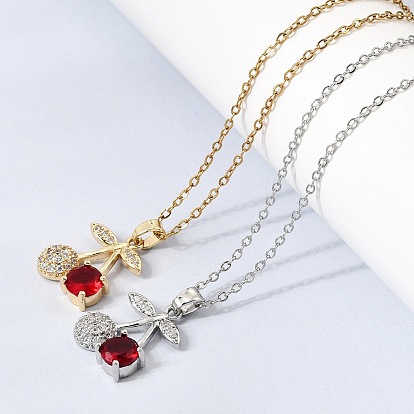 Подвеска в виде вишни из латуни с прозрачными и красными кубическими циркониями 304 цепочка из нержавеющей стали для женщин