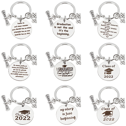 9Pcs 9 Style Graduation Theme 201 Stainless Steel Keychain Clasps,  with Number 2022 Charm & Diploma Pendant, Flat Round