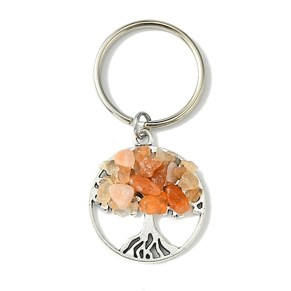 Tibetan Style Alloy & Natural Mixed Gemstone Chips Pendant Keychain, with Iron Split Rings, Flat Round with Tree of Life