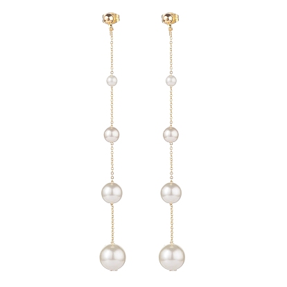 Shell Pearl Beaded Dangle Stud Earrings, Brass Chain Tassel Long Drop Earrings for Women