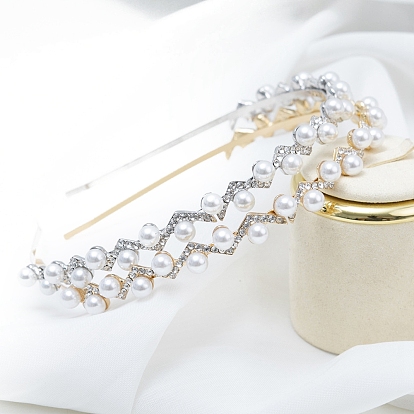 Metal Rhinestone Wave Thin Hair Bands, Plastic Imitation Pearl Beads Hair Accessories for Women Girls