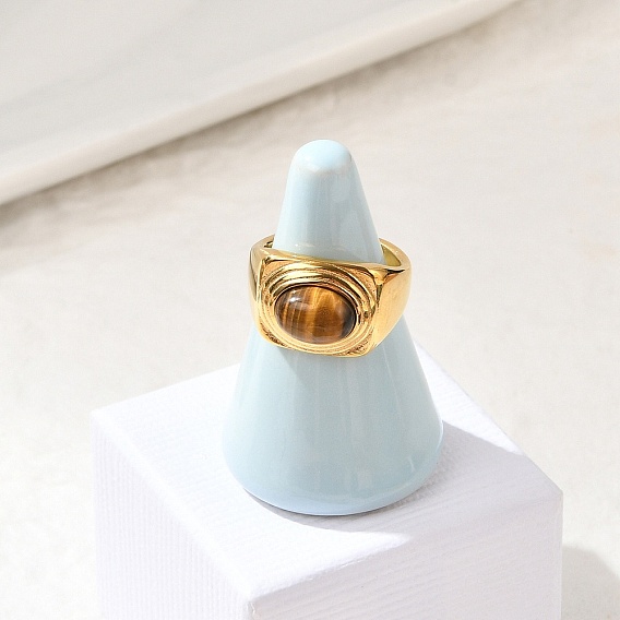 Овальные кольца на палец из натурального тигрового глаза, прямоугольник 304 кольца из нержавеющей стали, реальный 18 k позолоченный