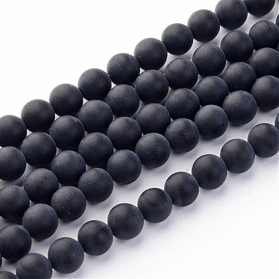 Frosted Natural Black Agate Bead Strands, Dyed & Heated, Grade A, Round