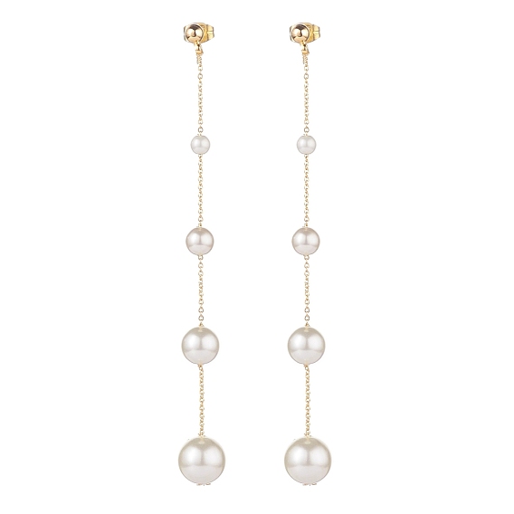 Shell Pearl Beaded Dangle Stud Earrings, Brass Chain Tassel Long Drop Earrings for Women