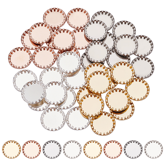 40Pcs 4 Color 304 Stainless Steel Cabochon Settings, Serrated Edge Bezel Cups, Flat Round