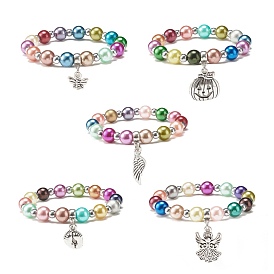 Imitation Pearl Beaded Stretch Bracelet with Drop Charm for Kids, Mixed Shape