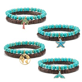 Natural Coconut & Synthetic Turquoise(Dyed) Beads Stretch Bracelets Set, Alloy Enamel Charm Bracelets for Women, Mixed Shape