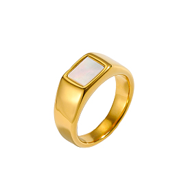 304 Кольца из нержавеющей стали и натуральных ракушек для женщин, прямоугольные, ионное покрытие (ip), долговечный, реальный 18 k позолоченный