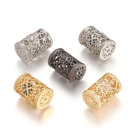 Brass Micro Pave Cubic Zirconia Beads, Long-Lasting Plated, Hollow, Column with Flower