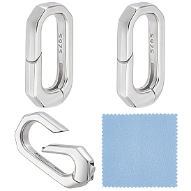 3Pcs 925 Sterling Silver Spring Gate Rings, with 1Pc Double Sided Suede Fabric Silver Polishing Cloth, Oval
