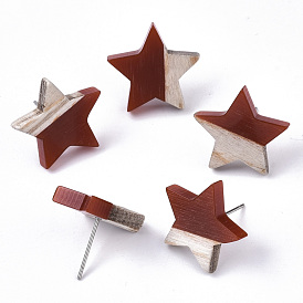 Resin & Wood Stud Earrings, with 304 Stainless Steel Pin, Star