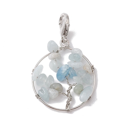 Décorations pendentif en aigue-marine naturelle enveloppée de fil d'arbre de vie, Fermoirs à pince de homard, ornements pour porte-clés de sac
