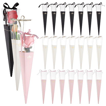 30 наборы 3 цветная бумага букет упаковка коробки, подарочные коробки с одним конусом розы из прозрачного пластика и ленты