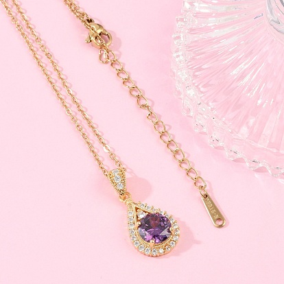 Подвеска в форме капли из латуни с микропаве из кубического циркония, с ионным покрытием (IP) 304 цепь из нержавеющей стали, стойки покрытие