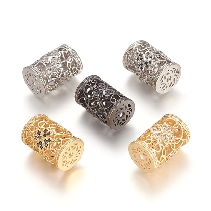 Brass Micro Pave Cubic Zirconia Beads, Long-Lasting Plated, Hollow, Column with Flower