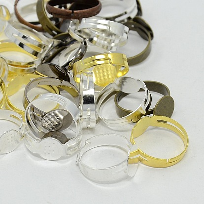 Adjustable Mixed Brass & Iron Pad Ring Settings DIY Finger Ring Findings, 17mm, Tray: 8~12mm
