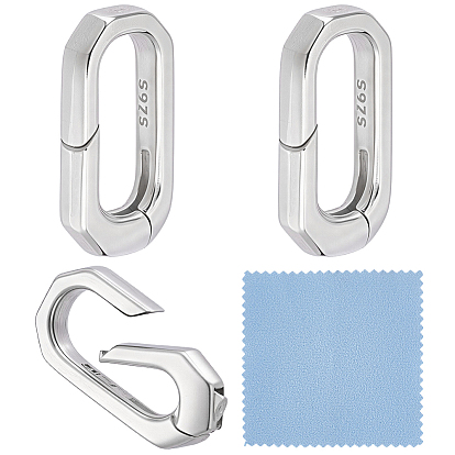 3Pcs 925 Sterling Silver Spring Gate Rings, with 1Pc Double Sided Suede Fabric Silver Polishing Cloth, Oval
